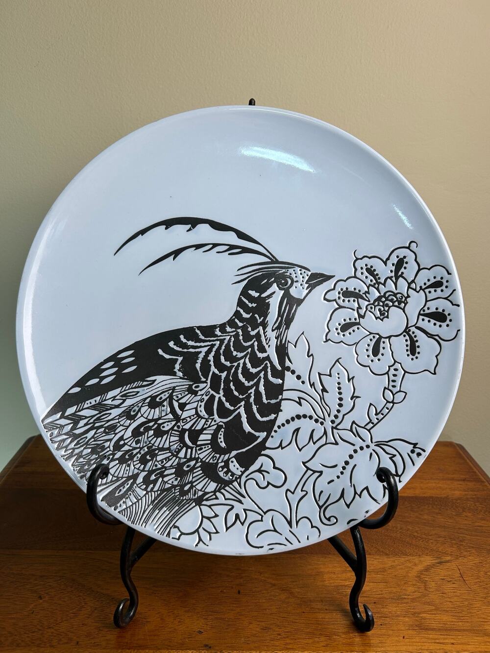 Anthropologie Bird Dessert Plate, Blue & Gray Floral Pattern, Hand Painted China